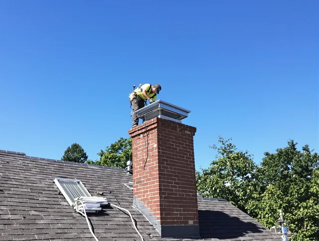 Ansonia Chimney Sweep technician measuring a chimney cap in Ansonia, CT